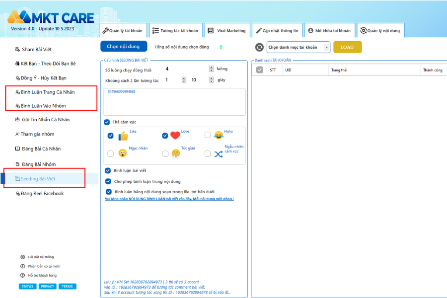 Phần mềm comment facebook tự động MKT Care