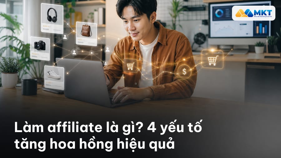 Ảnh bìa minh họa người sáng tạo nội dung tìm hiểu làm affiliate là gì trên laptop