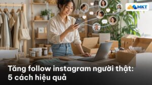 Ảnh bìa minh họa cách tăng follow Instagram người thật với biểu tượng trái tim và người theo dõi