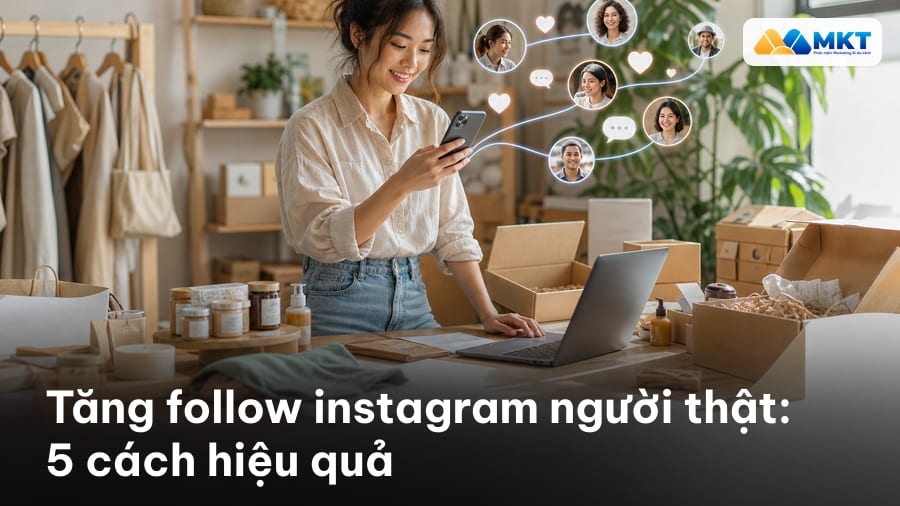 Ảnh bìa minh họa cách tăng follow Instagram người thật với biểu tượng trái tim và người theo dõi